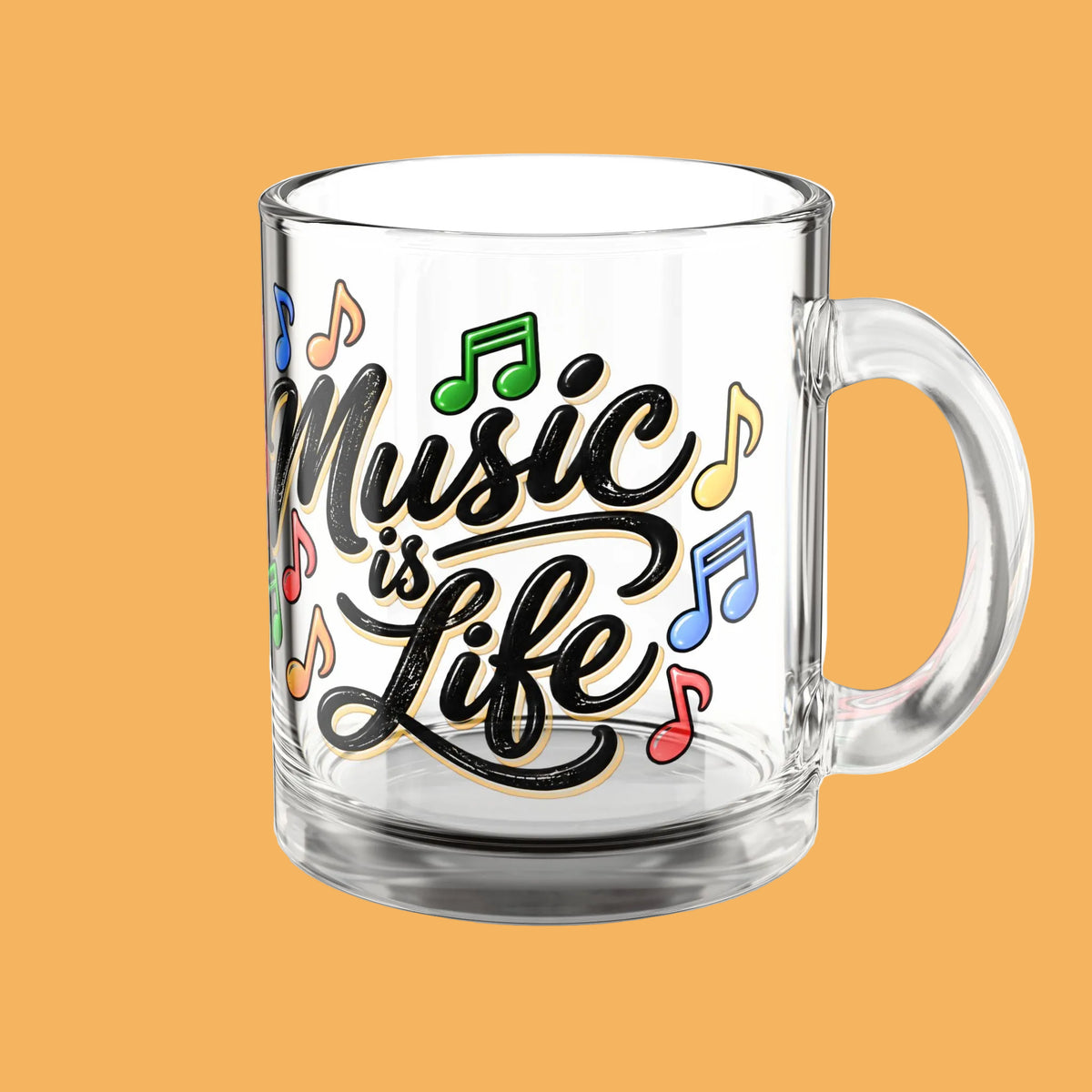 Music Is Life Glass Mug | Colorful Musical Notes, 10 oz