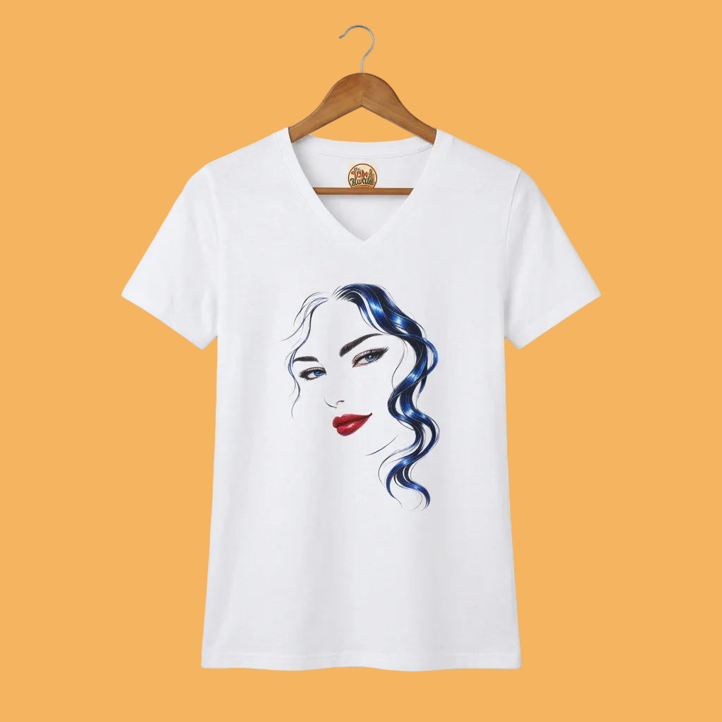Blue Hair Red Lips | Women’s Graphic V-Neck T-Shirt.