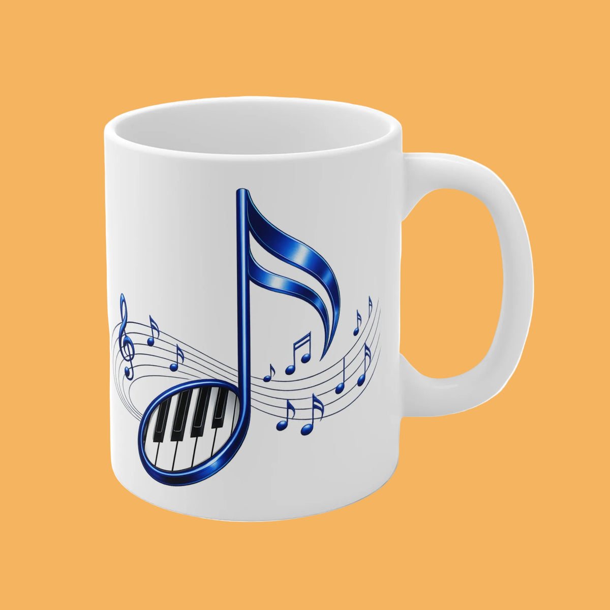 Blue Musical Note & Piano Keys Mug | Ceramic Coffee Cup, 11 oz