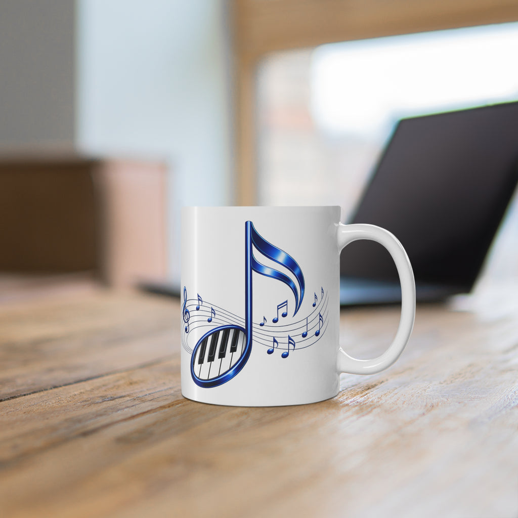 Blue Musical Note & Piano Keys Mug | Ceramic Coffee Cup, 11 oz