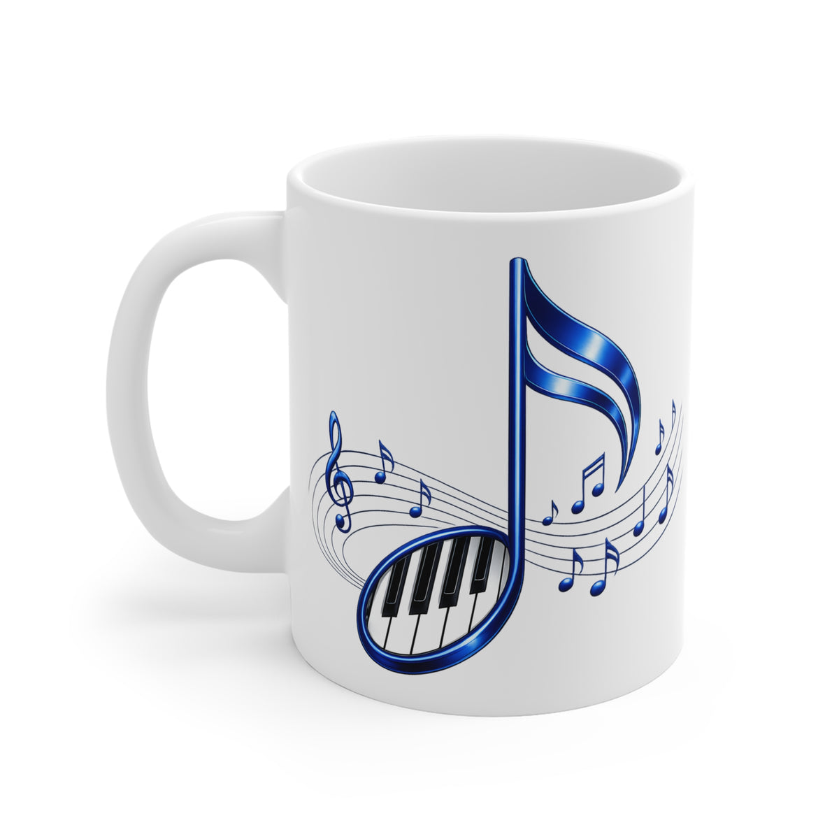Blue Musical Note & Piano Keys Mug | Ceramic Coffee Cup, 11 oz