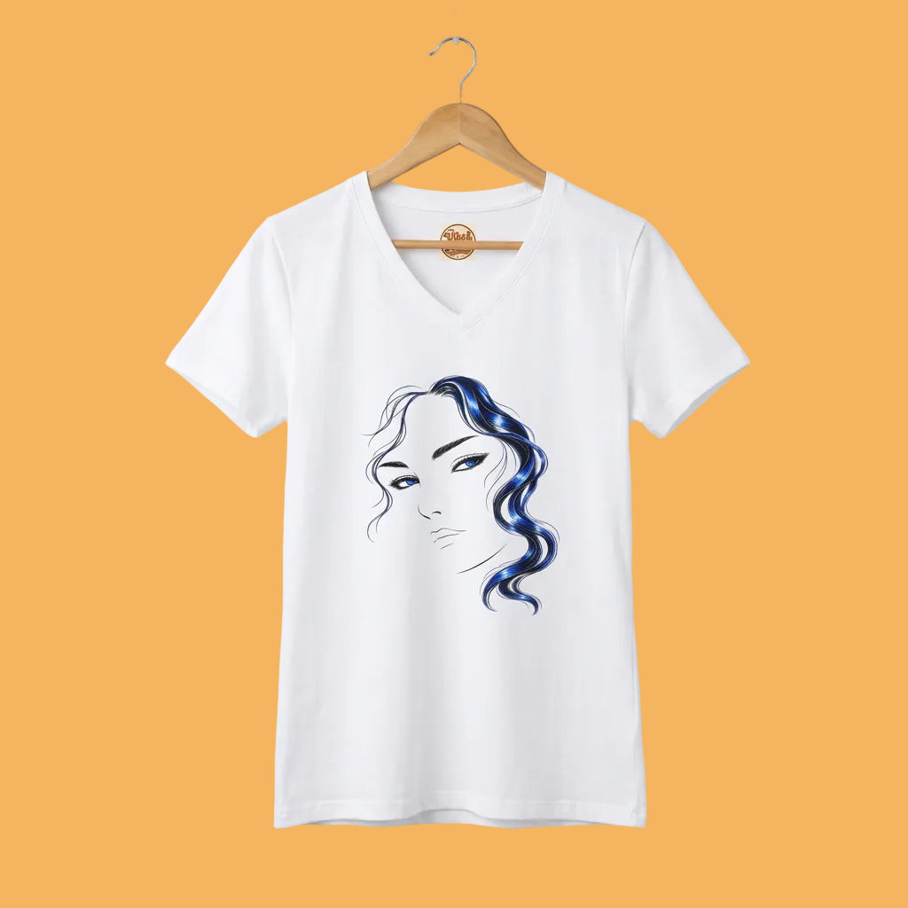Minimalist Blue Hair Portrait | Women’s V-Neck T-Shirt