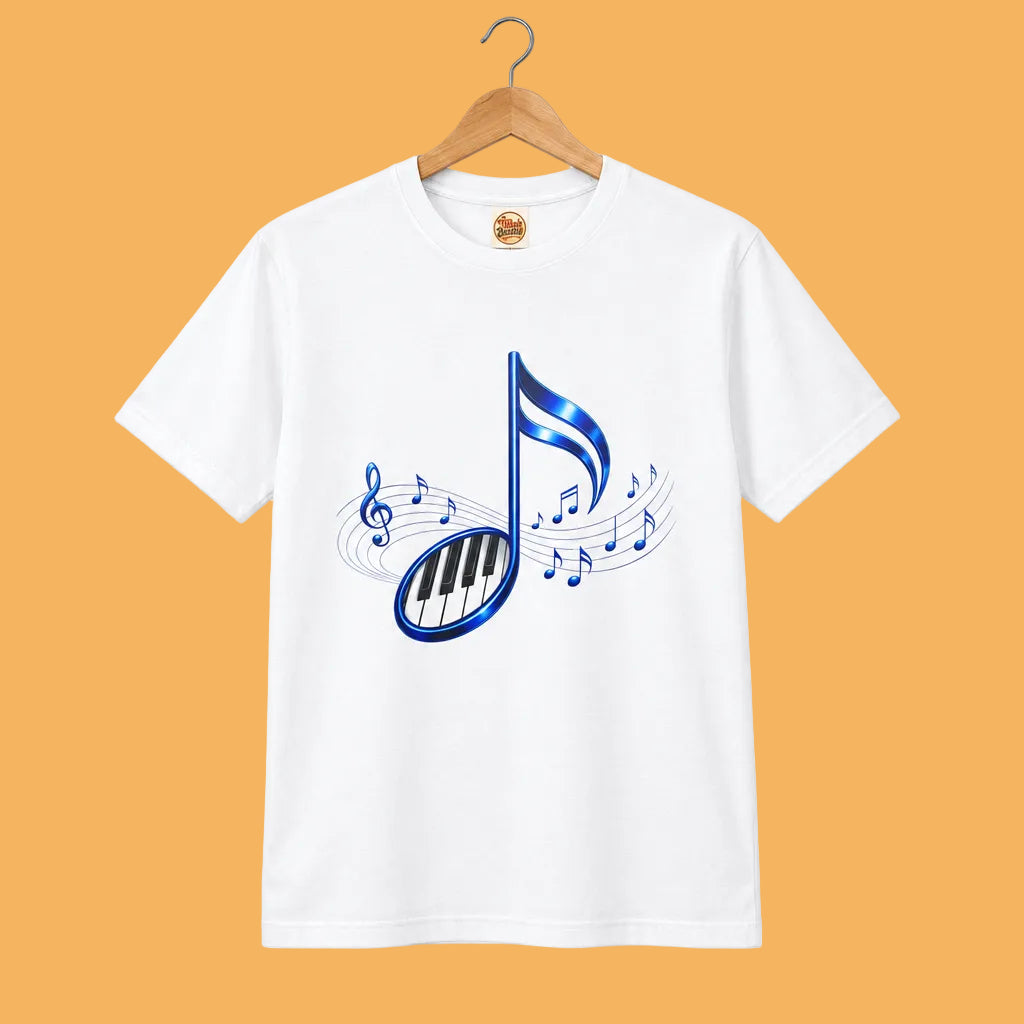 Blue Musical Note & Piano Keys T-Shirt | Music Graphic Tee