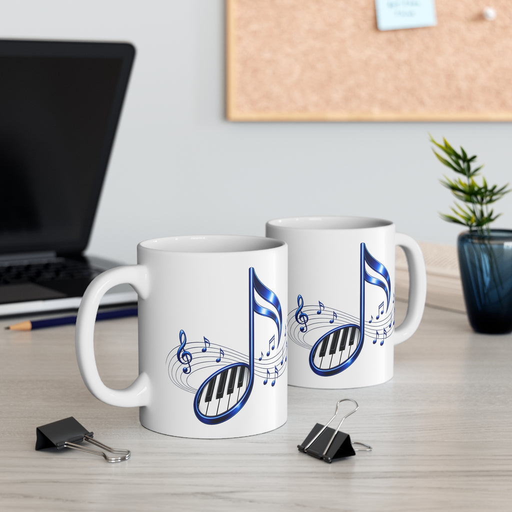 Blue Musical Note & Piano Keys Mug | Ceramic Coffee Cup, 11 oz