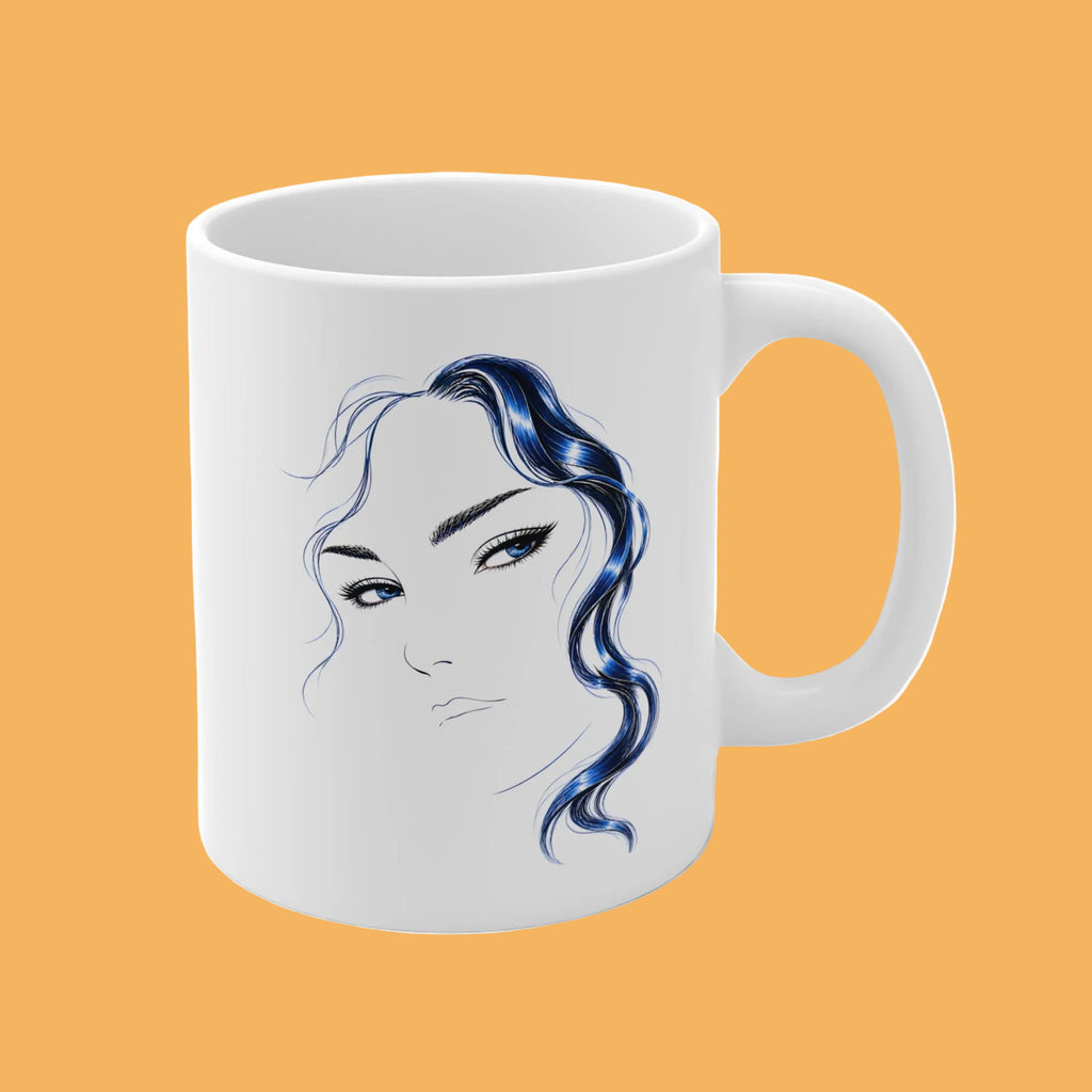 Minimalist Blue Hair Portrait Mug | Ceramic Coffee Cup, 11 oz