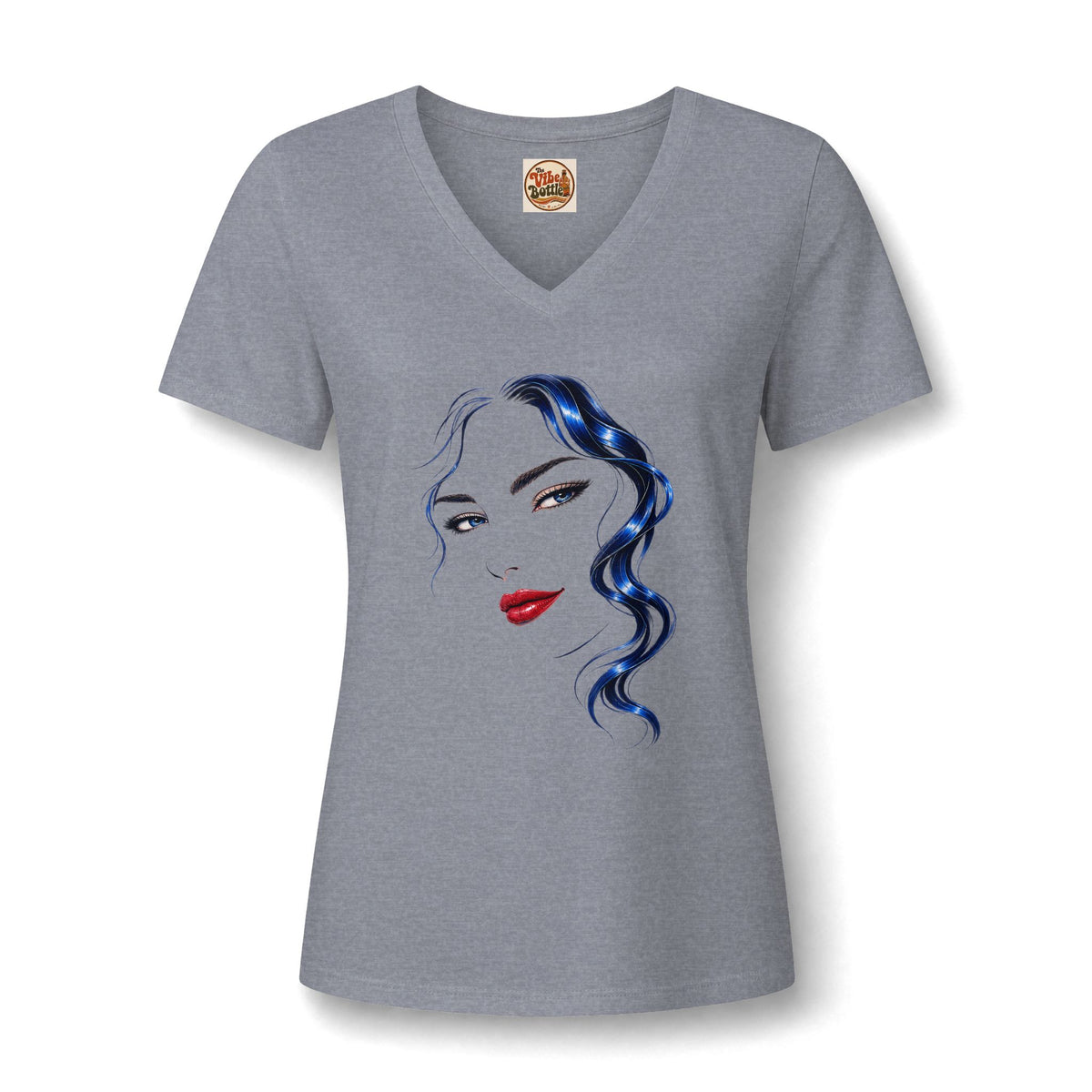 Blue Hair Red Lips | Women’s Graphic V-Neck T-Shirt.