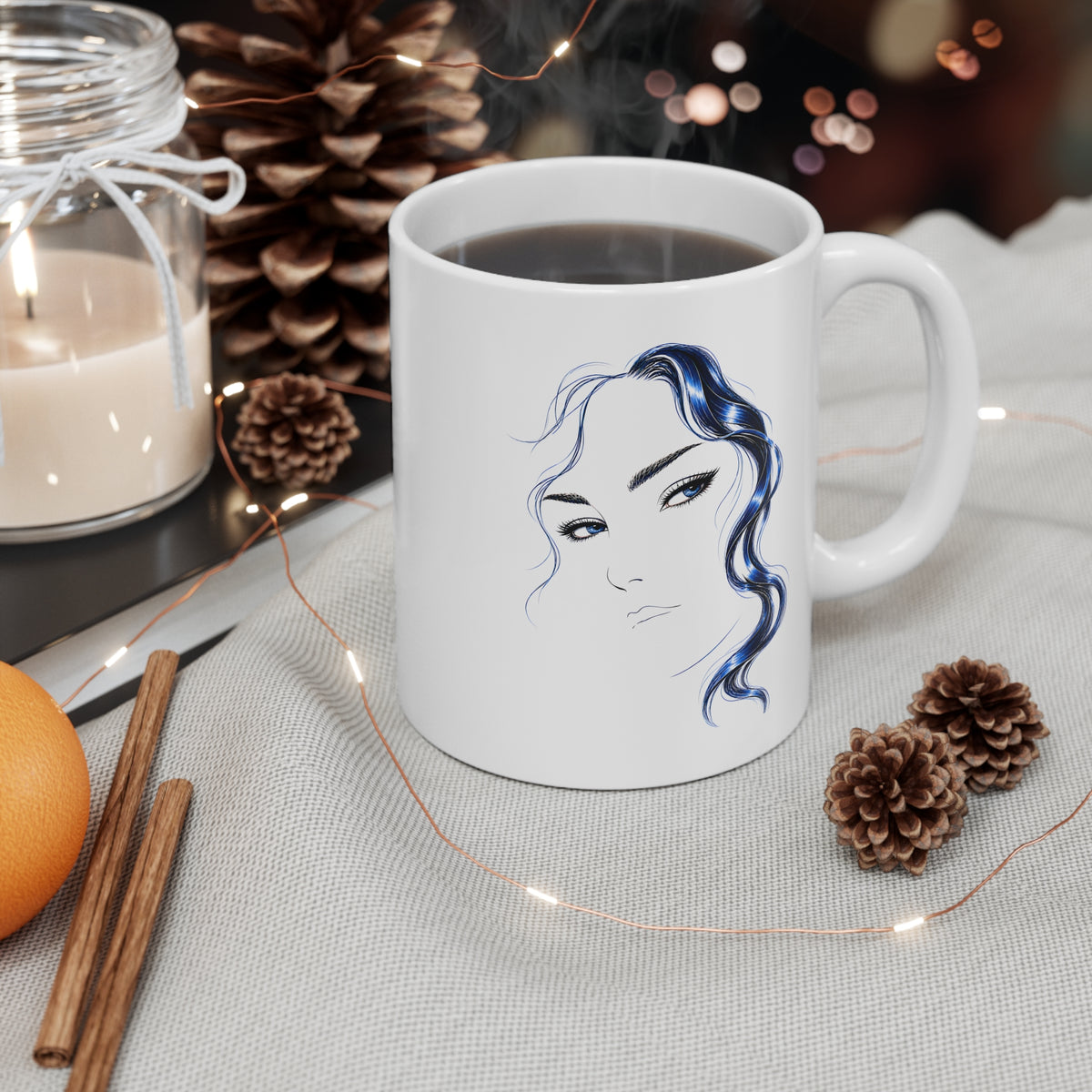 Minimalist Blue Hair Portrait Mug | Ceramic Coffee Cup, 11 oz