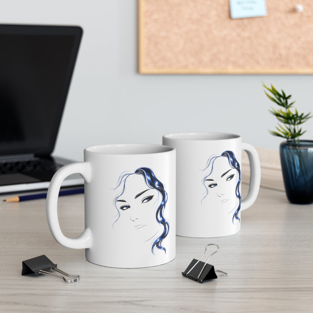 Minimalist Blue Hair Portrait Mug | Ceramic Coffee Cup, 11 oz
