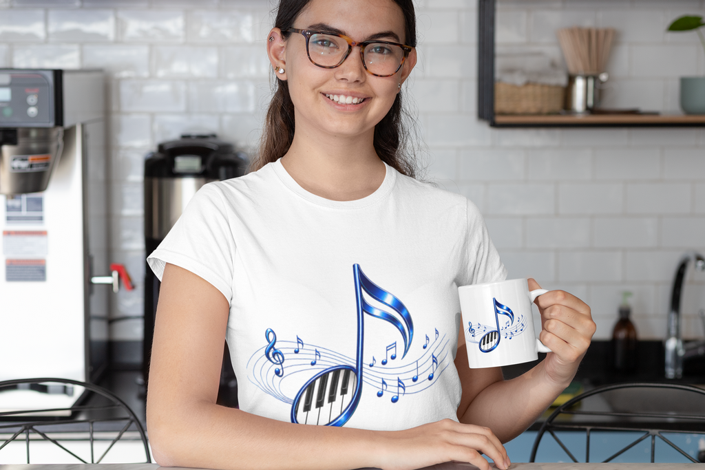 Blue Musical Note & Piano Keys Mug | Ceramic Coffee Cup, 11 oz