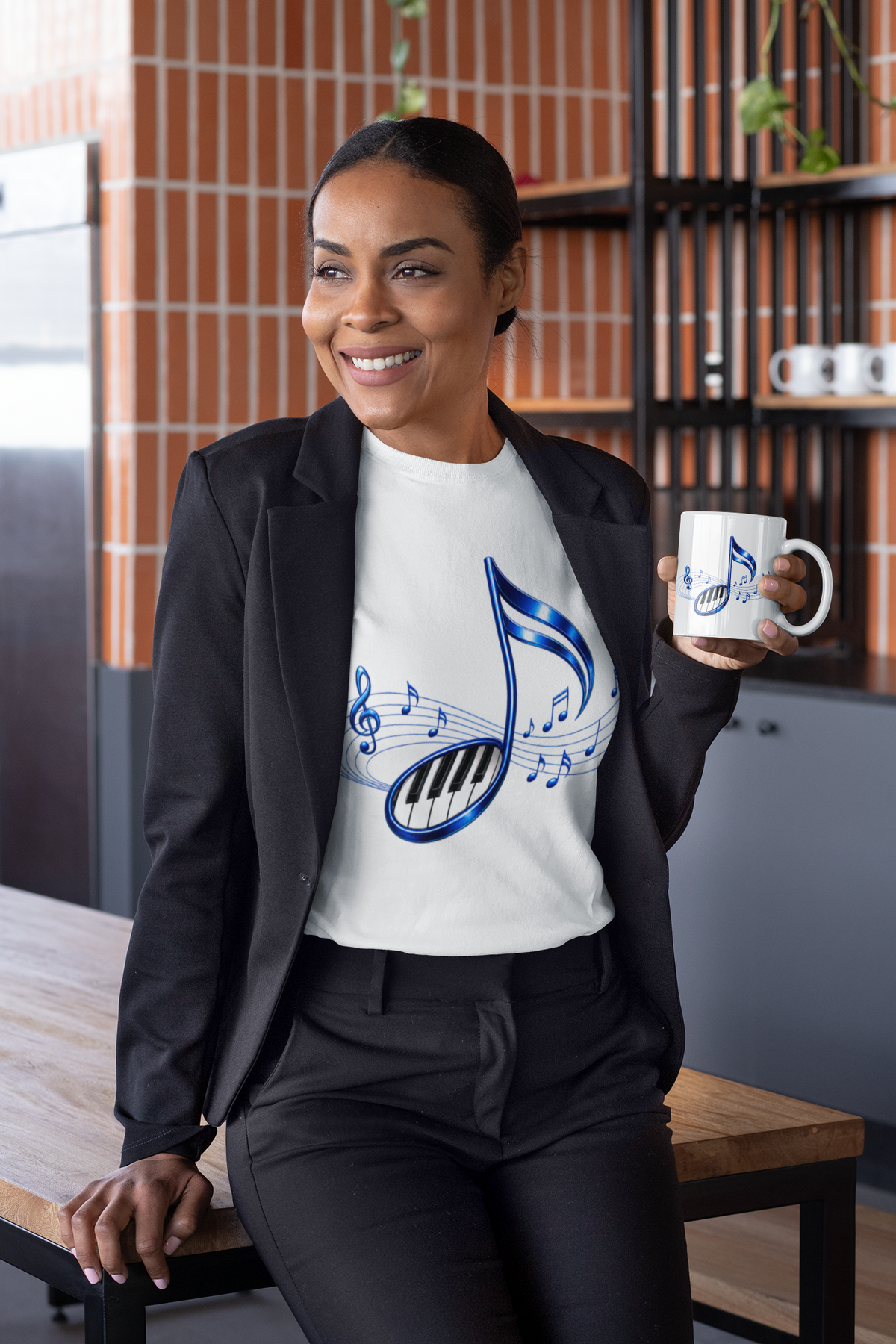 Blue Musical Note & Piano Keys Mug | Ceramic Coffee Cup, 11 oz