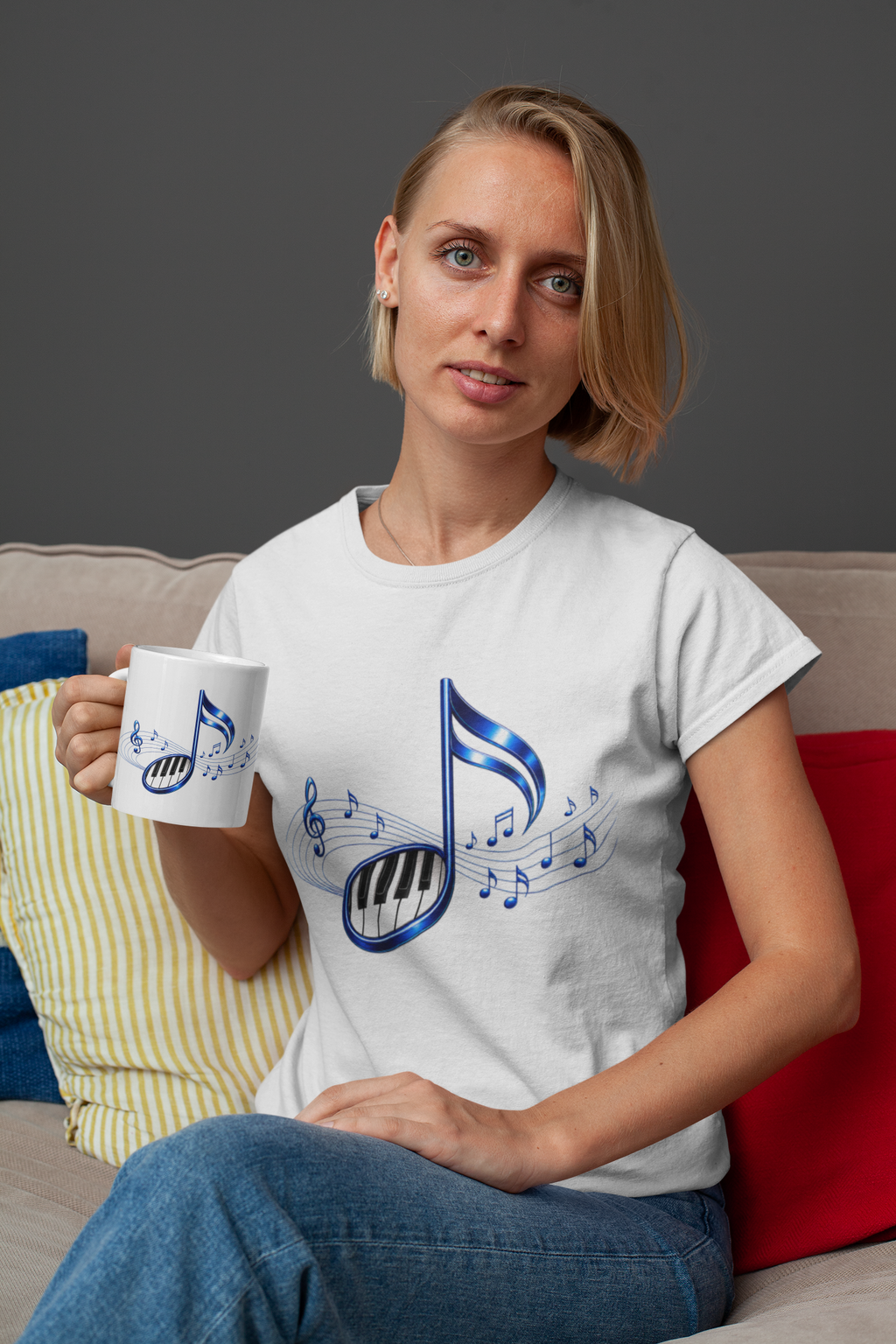 Blue Musical Note & Piano Keys Mug | Ceramic Coffee Cup, 11 oz
