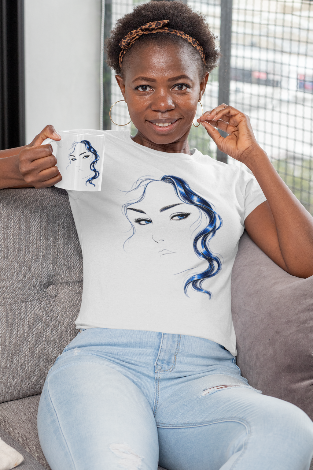 Minimalist Blue Hair Portrait | Line Art T-Shirt