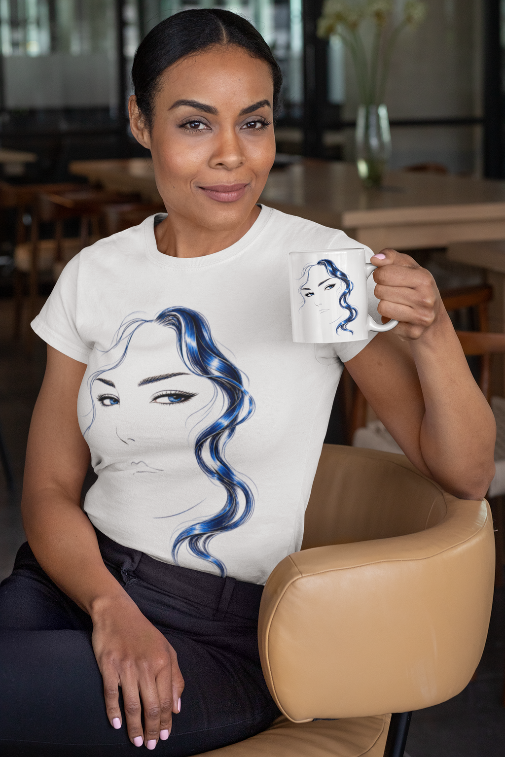 Minimalist Blue Hair Portrait | Line Art T-Shirt
