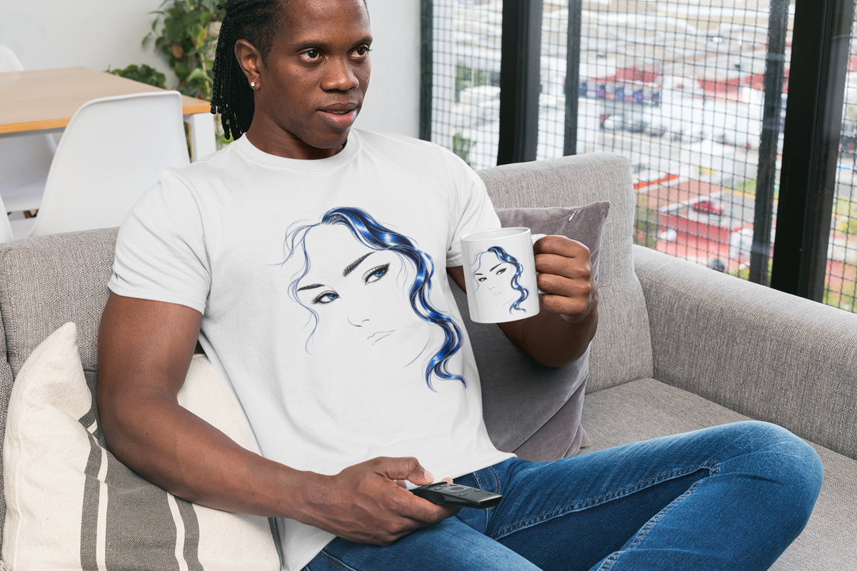 Minimalist Blue Hair Portrait | Line Art T-Shirt