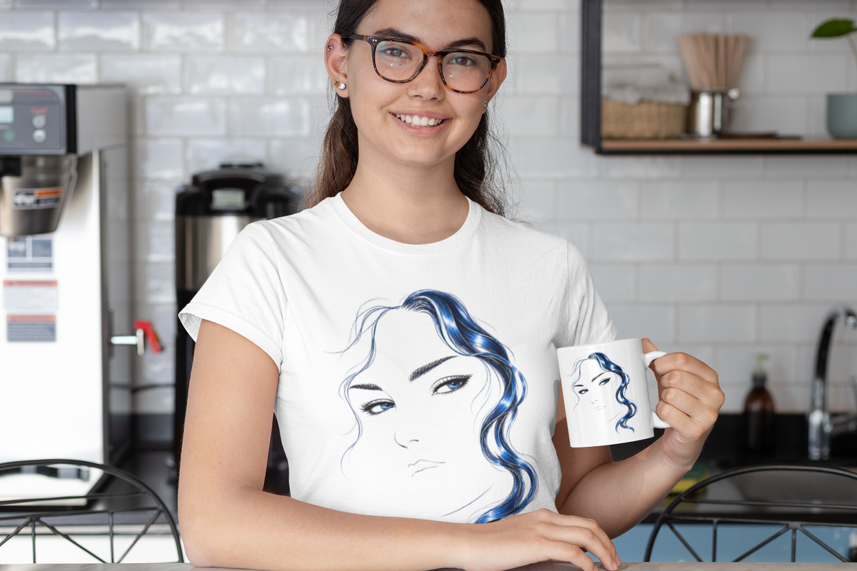 Minimalist Blue Hair Portrait | Line Art T-Shirt
