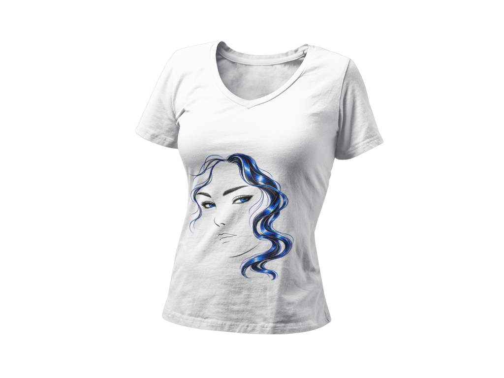 Minimalist Blue Hair Portrait | Women’s V-Neck T-Shirt