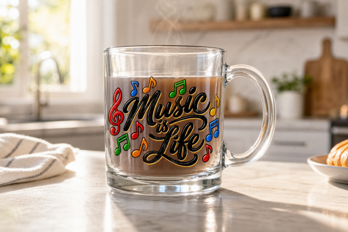 Music Is Life Glass Mug | Colorful Musical Notes, 10 oz
