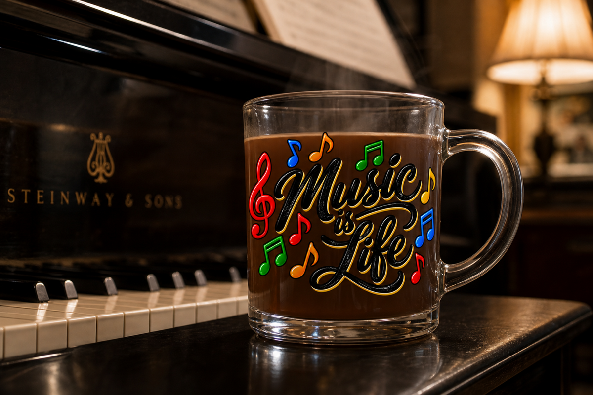 Music Is Life Glass Mug | Colorful Musical Notes, 10 oz