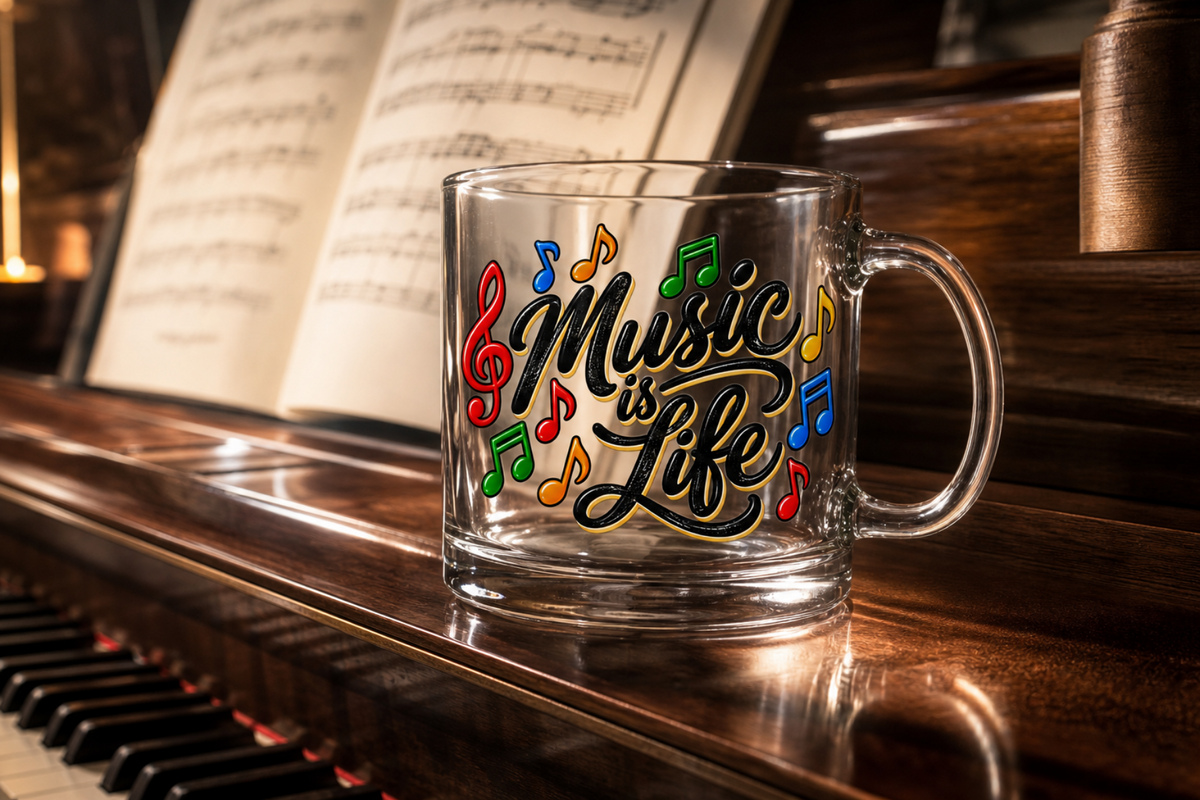 Music Is Life Glass Mug | Colorful Musical Notes, 10 oz