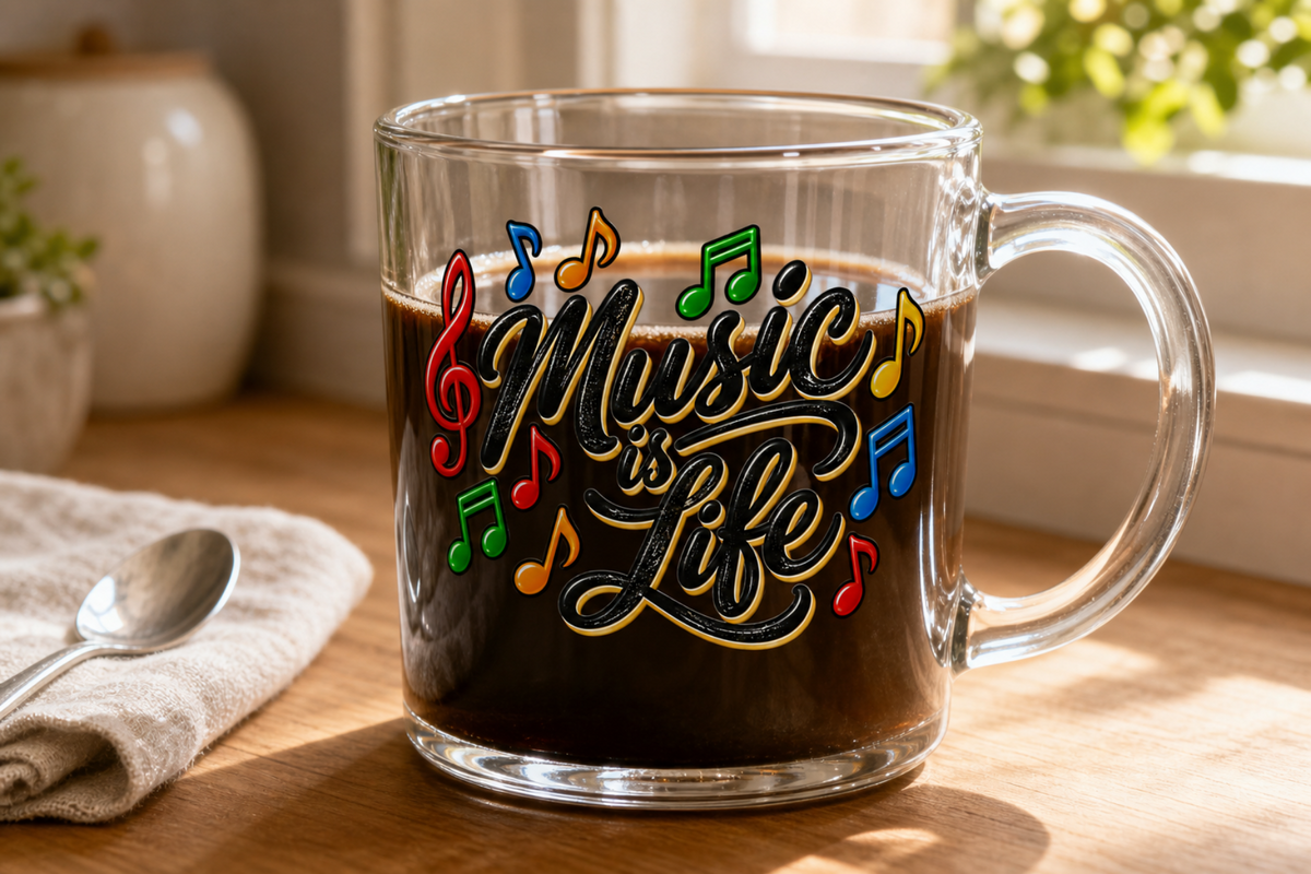 Music Is Life Glass Mug | Colorful Musical Notes, 10 oz