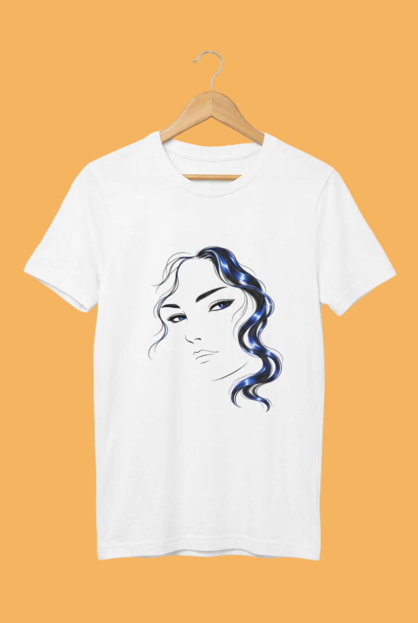 Minimalist Blue Hair Portrait | Line Art T-Shirt