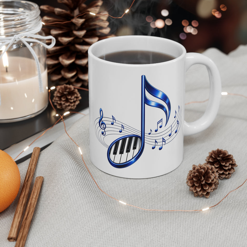 Blue Musical Note & Piano Keys Mug | Ceramic Coffee Cup, 11 oz