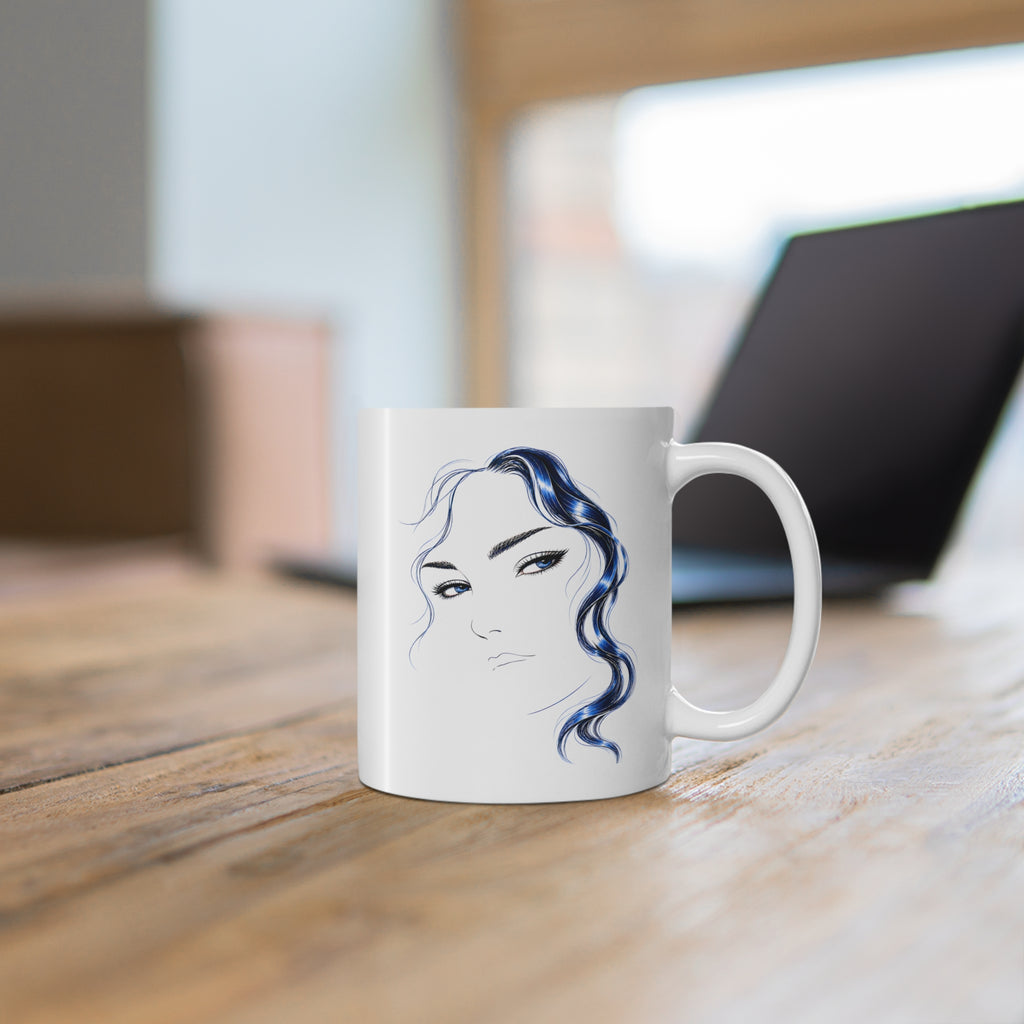 Minimalist Blue Hair Portrait Mug | Ceramic Coffee Cup, 11 oz