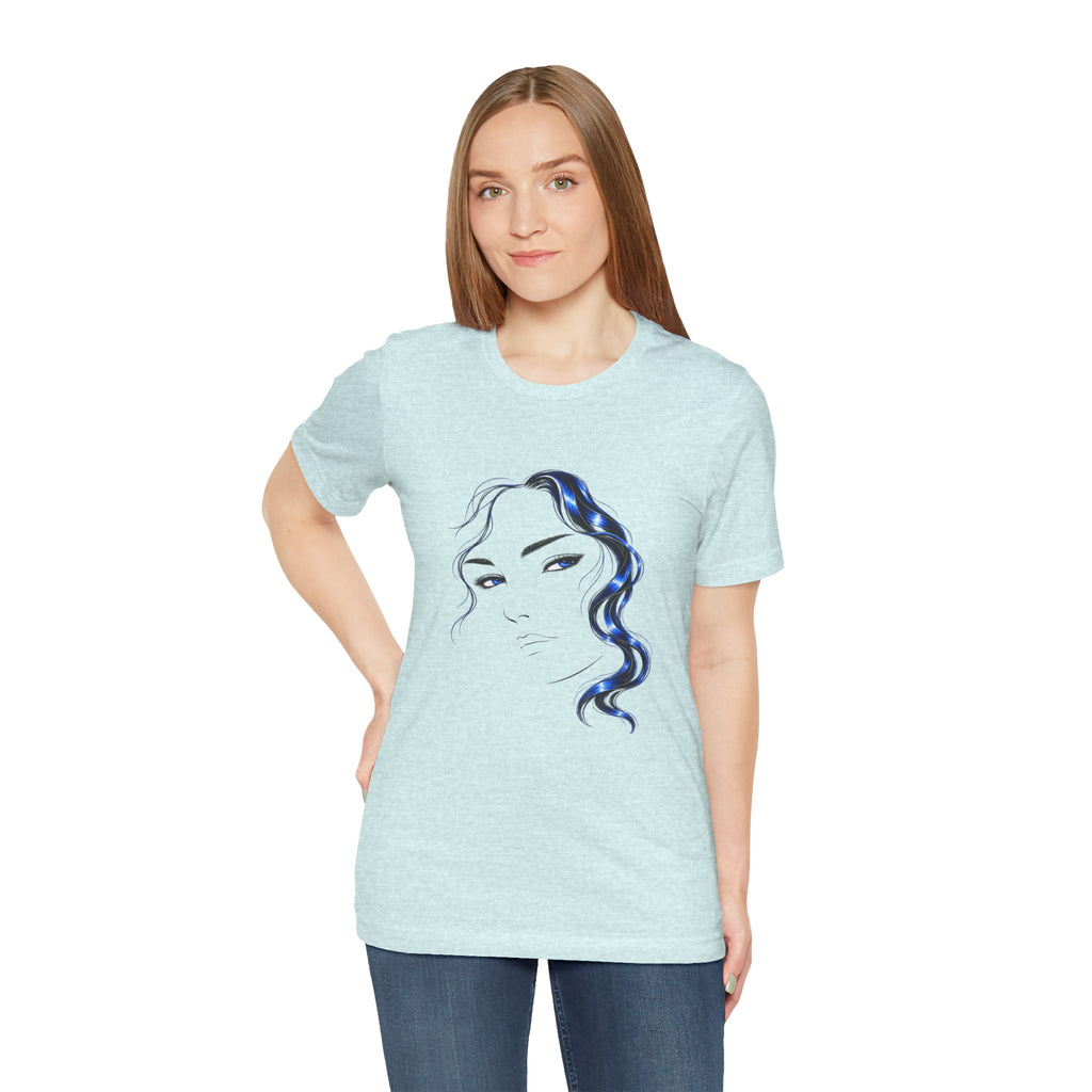 Minimalist Blue Hair Portrait | Line Art T-Shirt