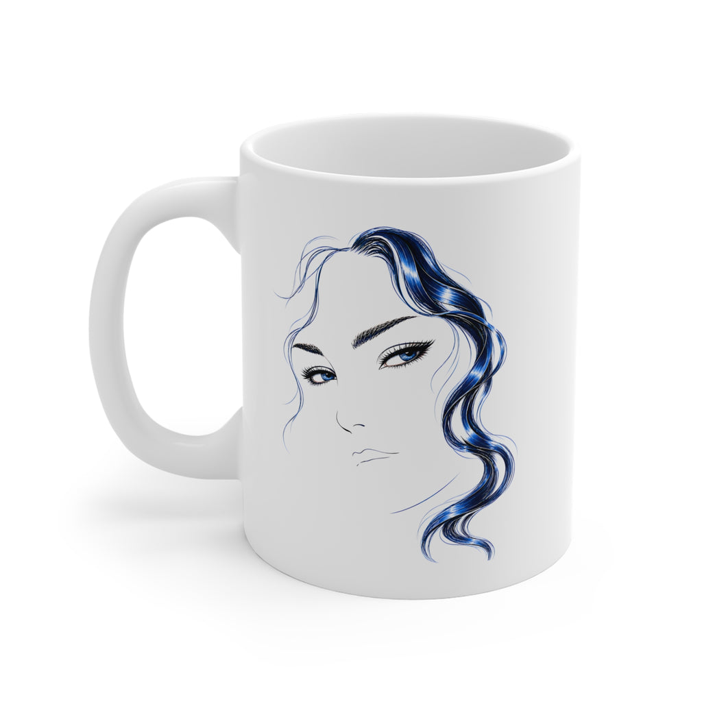 Minimalist Blue Hair Portrait Mug | Ceramic Coffee Cup, 11 oz