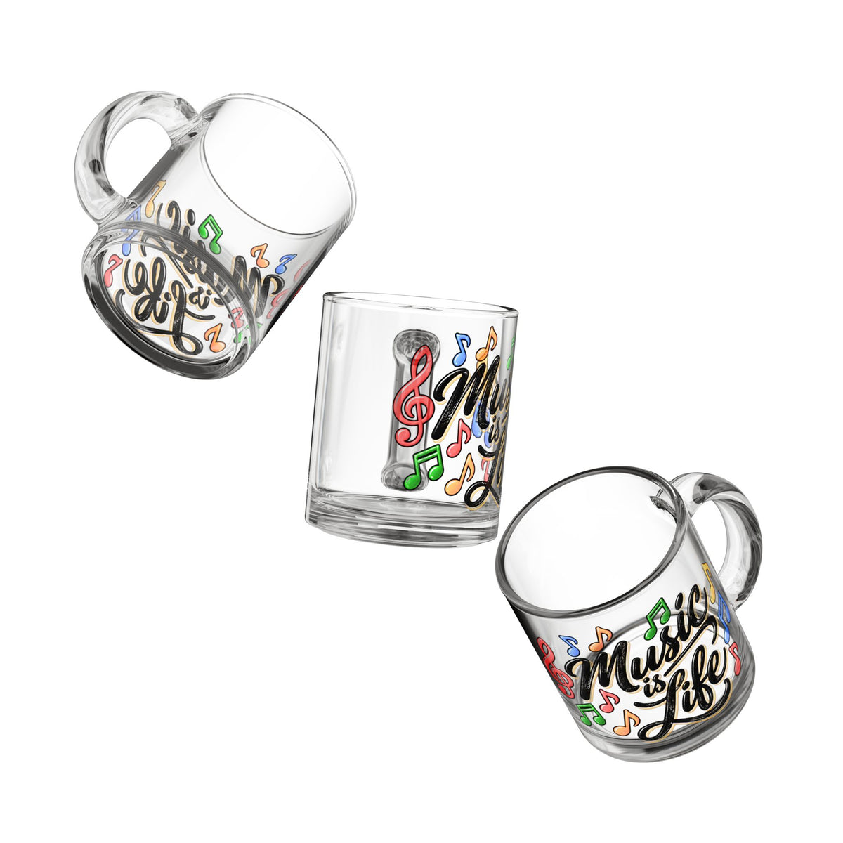 Music Is Life Glass Mug | Colorful Musical Notes, 10 oz