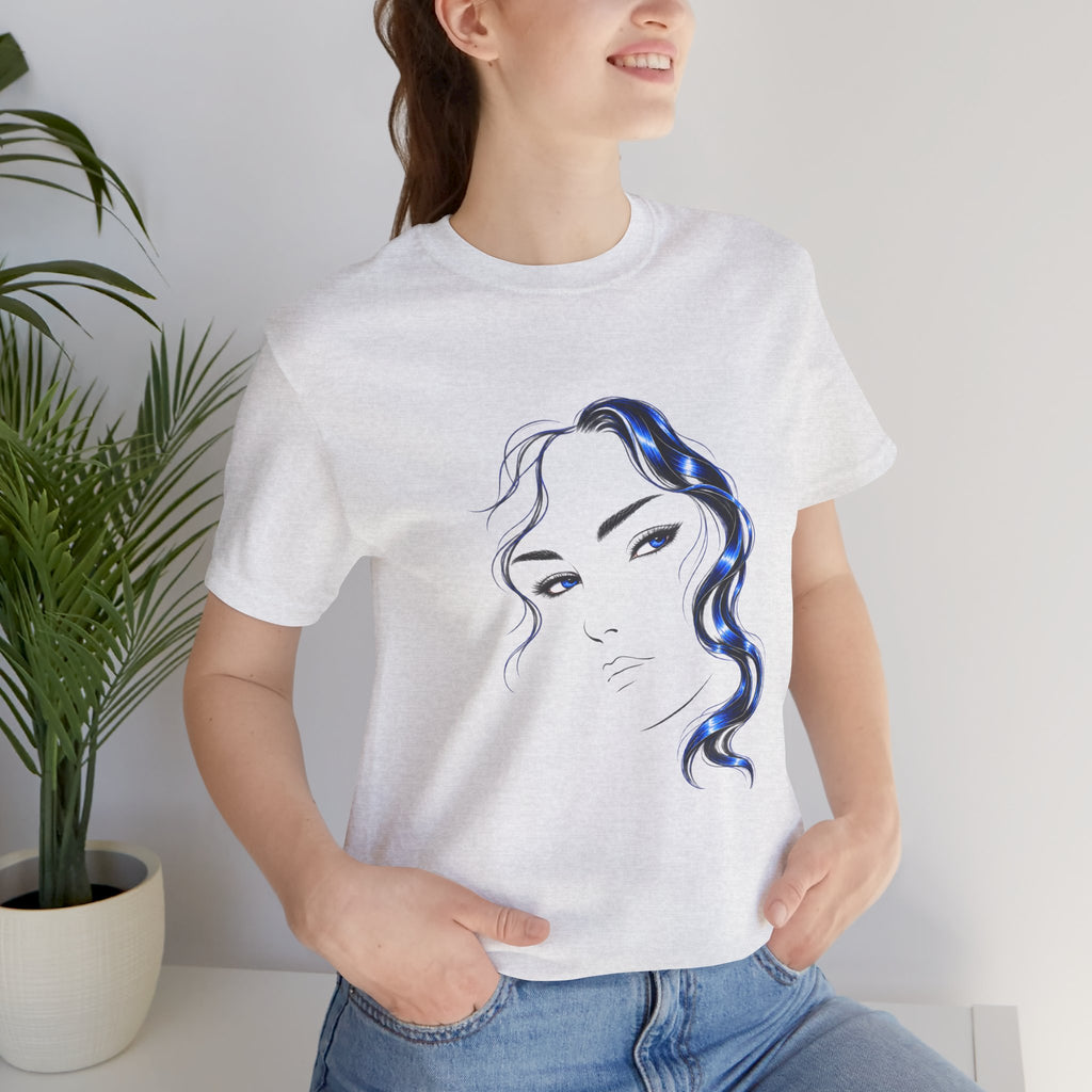Minimalist Blue Hair Portrait | Line Art T-Shirt