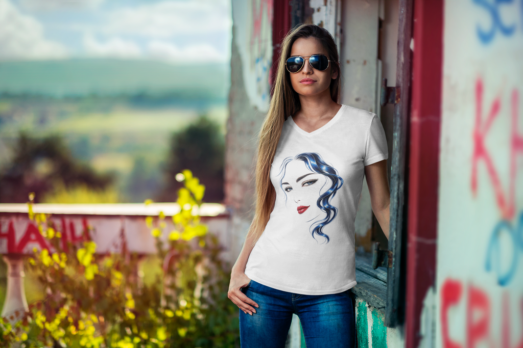 Blue Hair Red Lips | Women’s Graphic V-Neck T-Shirt.