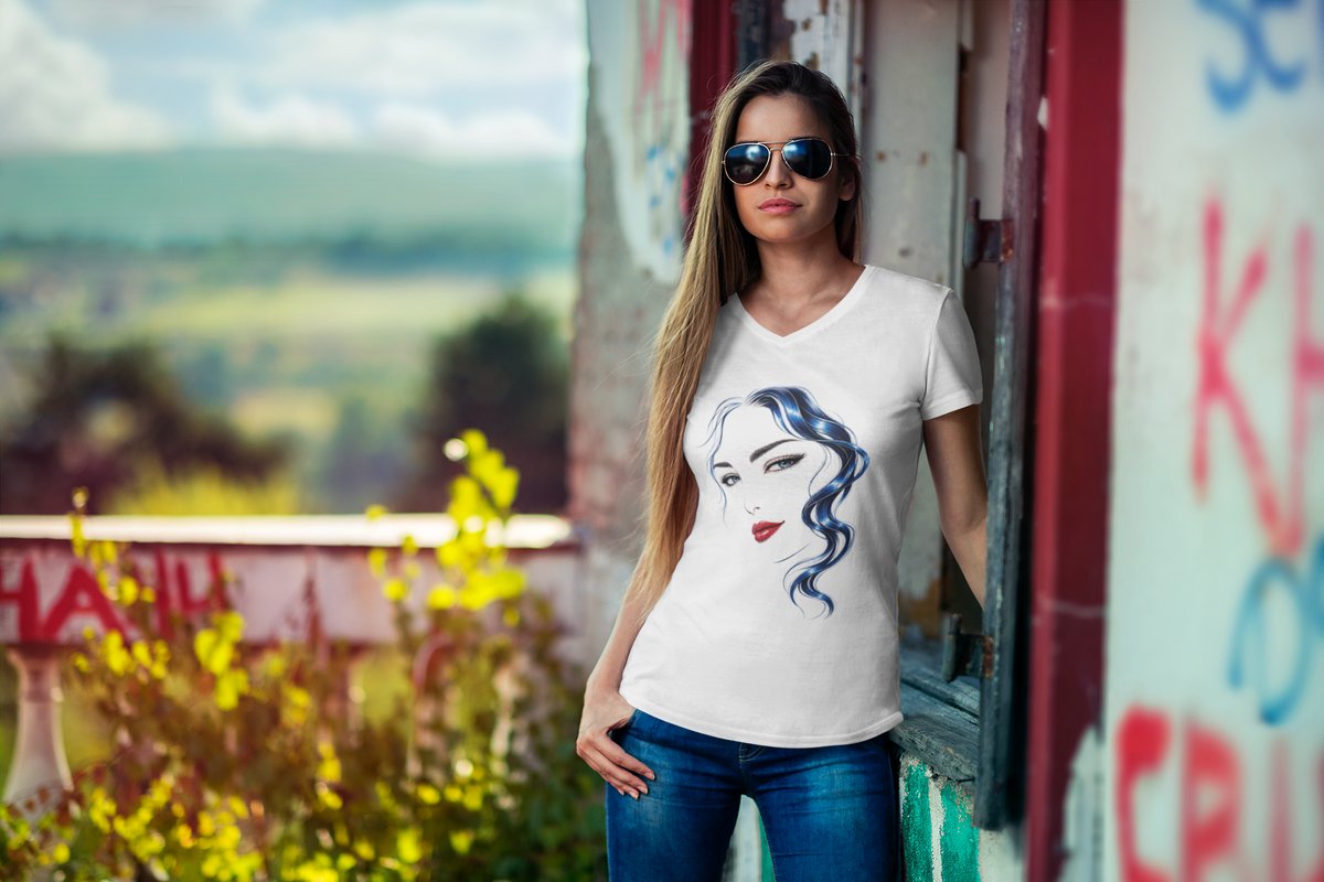 Blue Hair Red Lips | Women’s Graphic V-Neck T-Shirt.