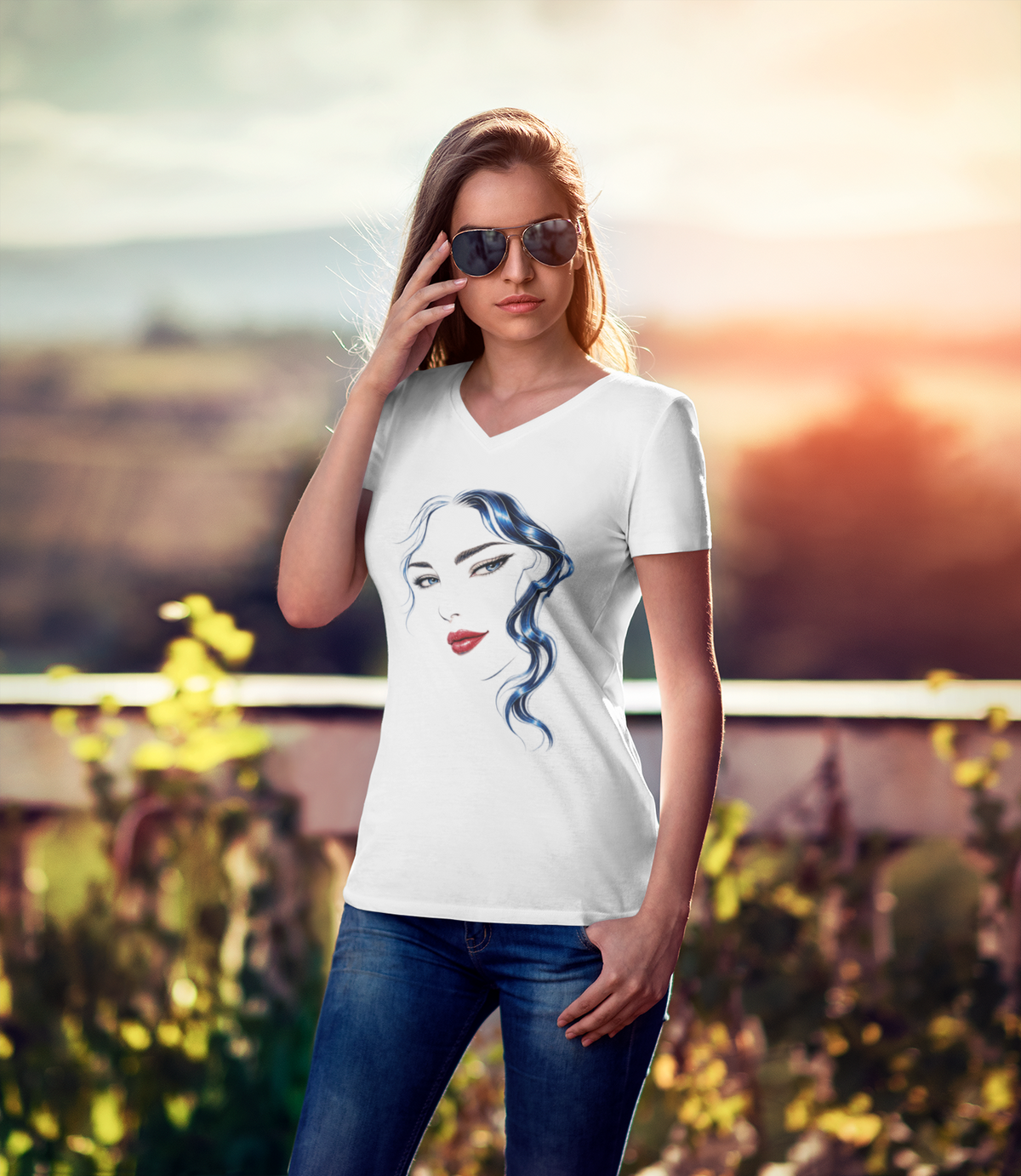 Blue Hair Red Lips | Women’s Graphic V-Neck T-Shirt.
