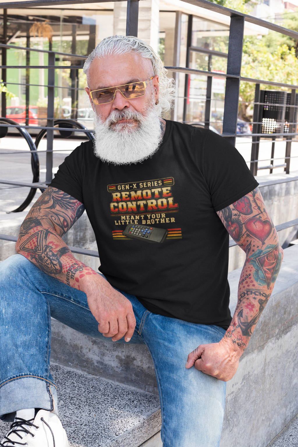 Remote Control black shirt seated lifestyle