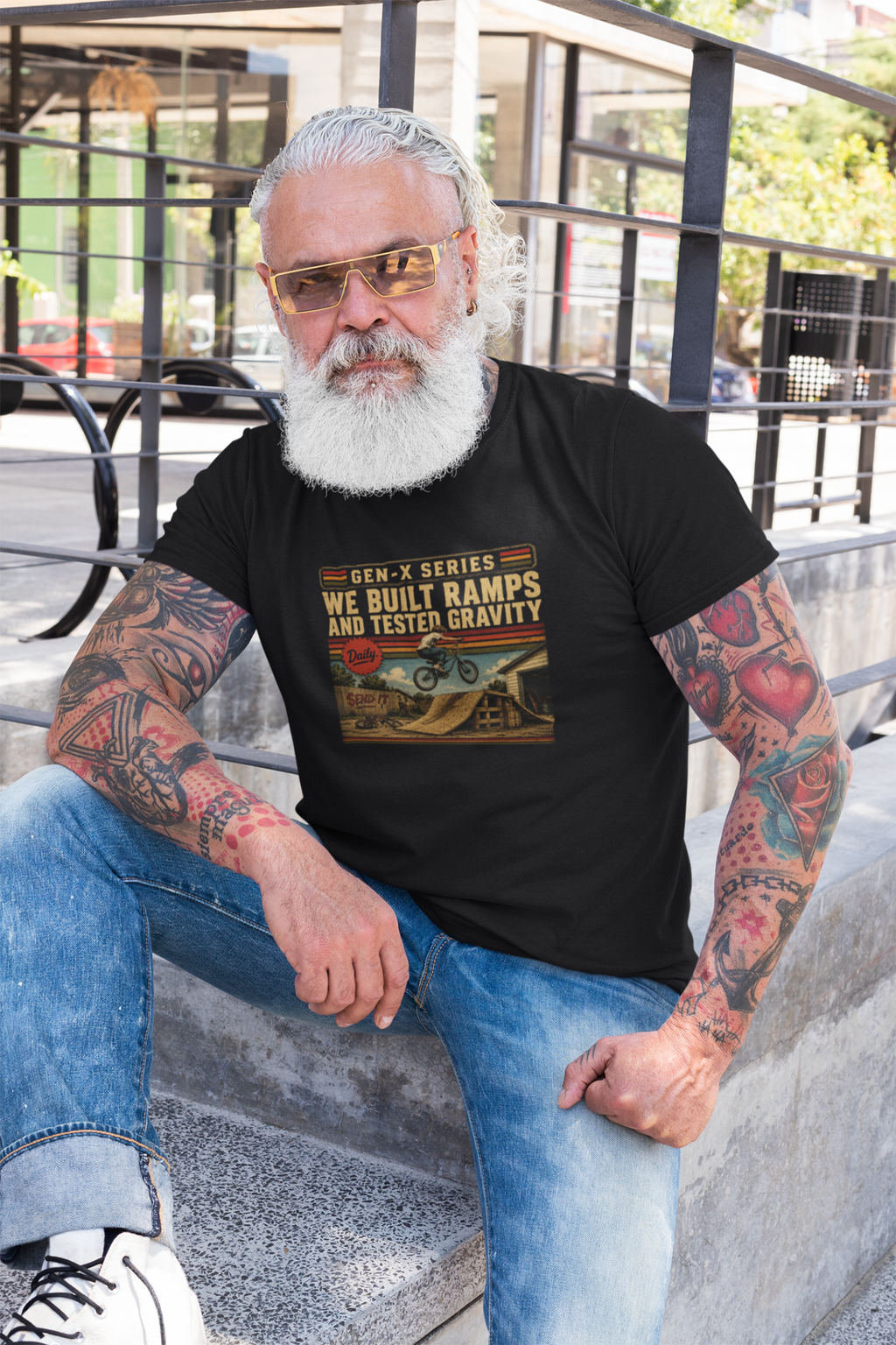 Testing Gravity black shirt seated lifestyle