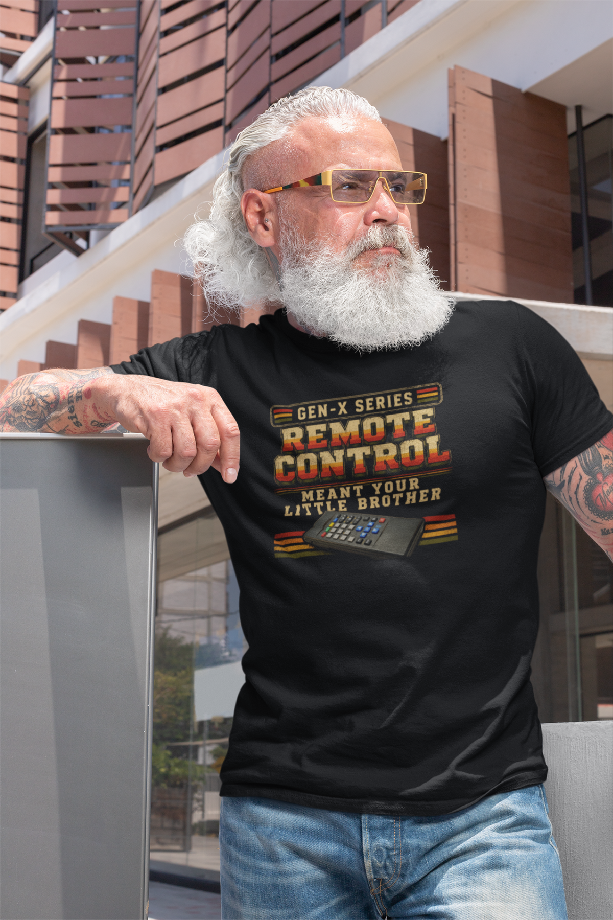 Remote Control black shirt standing lifestyle