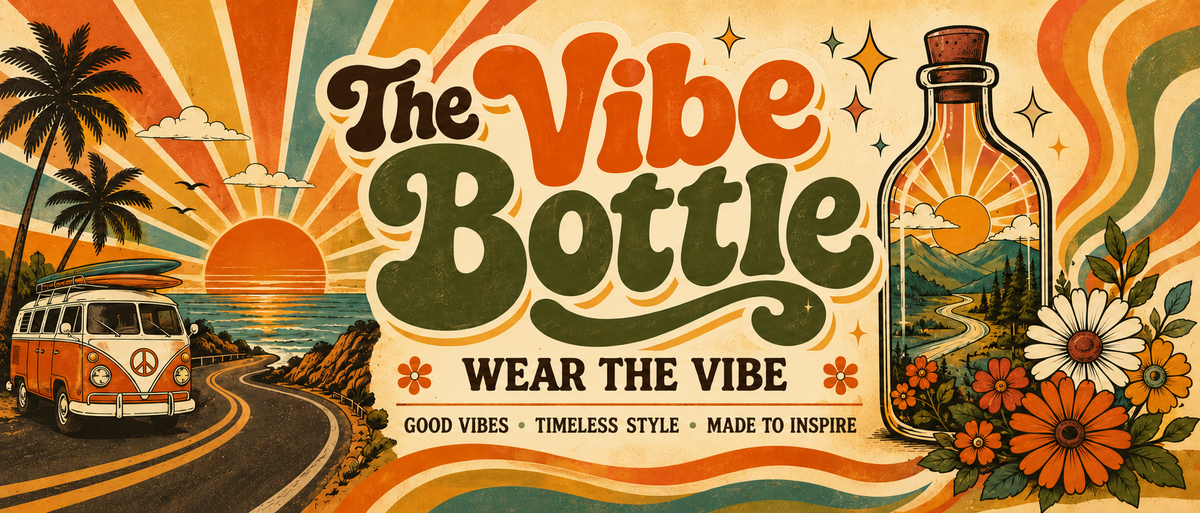 The Vibe Bottle — Wear the Vibe, with a retro sunset, camper van and flowers